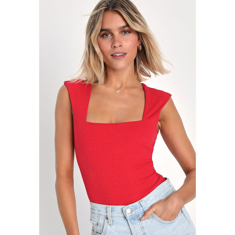 Lulus Sweet Crush Red Ribbed Square Neck Bodysuit - Size M
